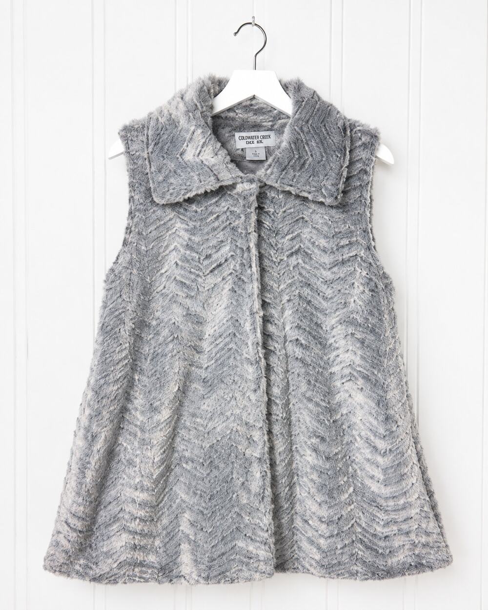 Sabrina Lauren New York Womens XL Gray Faux Fur Vest Chevron Hook Front Soft